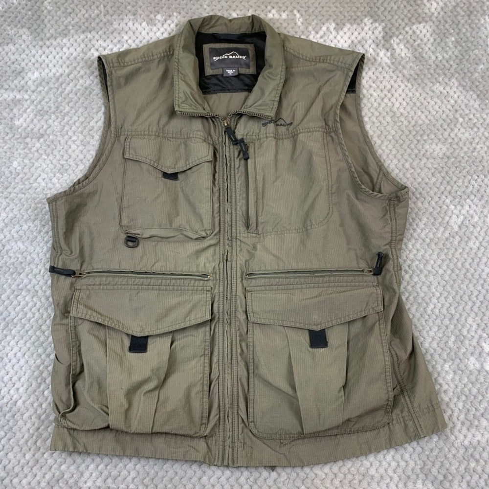 Eddie Bauer Mens XL Green Ripstop‎ Utility Fishing Vest Multi-Pocket 0391